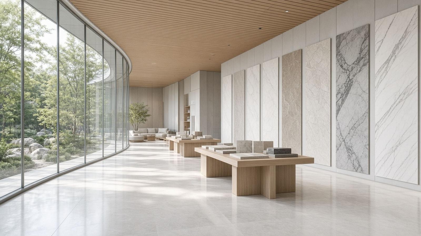 Stone slabs on display in a bright gallery